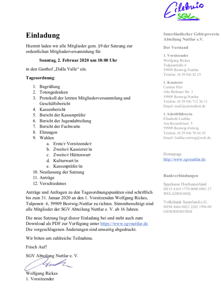 Einladung zur Mitgliederversammlung des SGV Abt. Nuttlar e.V. am 02.02.2020 im Gasthof Dalla-Valle in Nuttlar